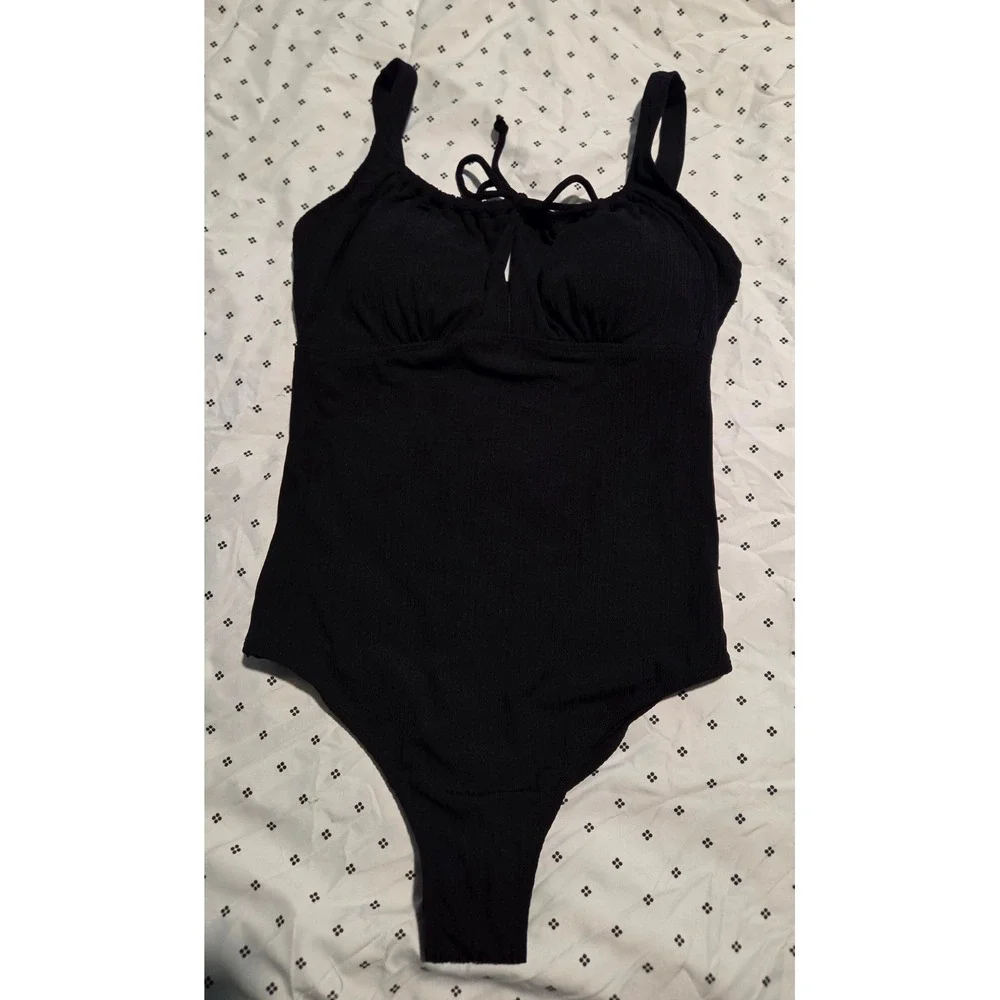 Black‎ Ribbed Tie Front Keyhole One Piece Swimsuit Womens Large